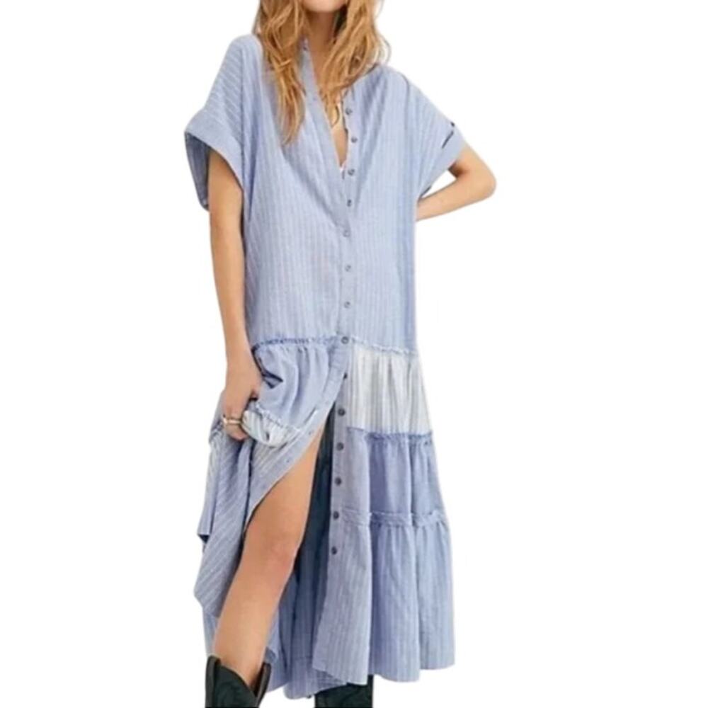 Free People Blue Striped Full Moon Button Front Maxi Shirt Dress
